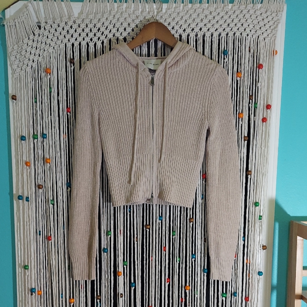Pink Rose Beige Hooded Cropped Sweater